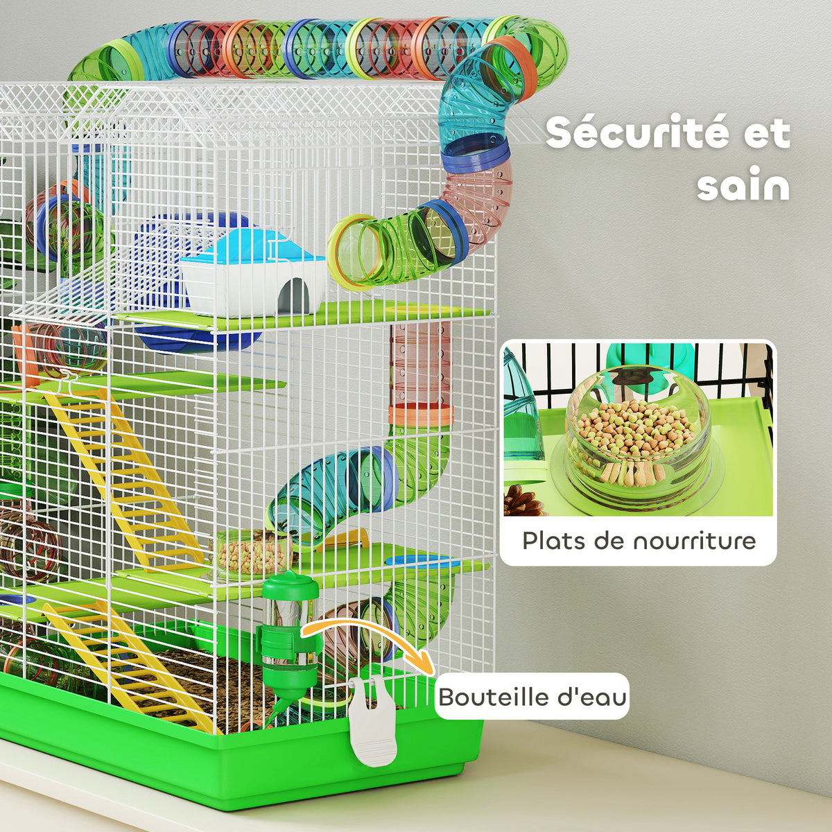 Cage pour hamster souris petit animaux rongeur avec tunnel mangeoire roue jouet 47 x 30 x 59 cm vert