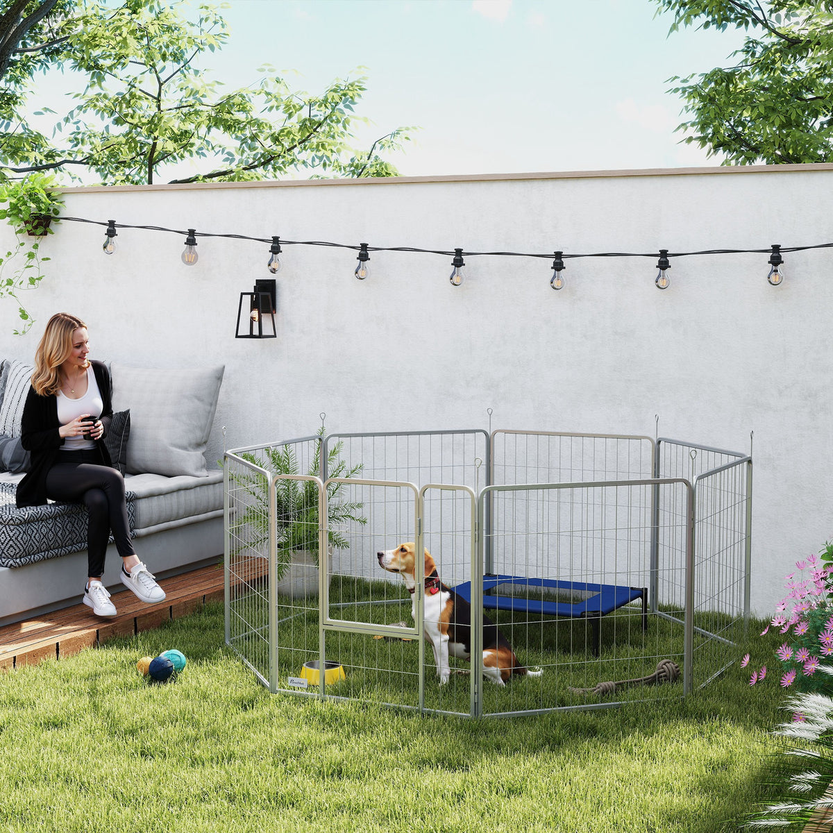 Parc pour chien enclos chien 8 panneaux modulable pliable acier avec porte pour chiot intérieur extérieur 80H cm argent