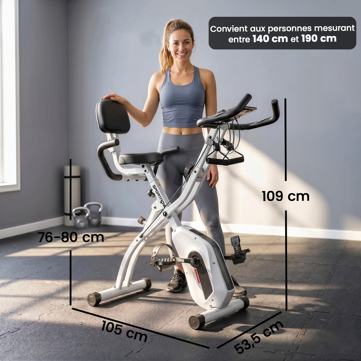 Vélo d'Appartement Pliable Vélo de Fitness 3 en 1 Silencieux Connecté Kinomap Bluetooth et Zwift 105x53,5x109cm Blanc