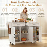 Îlot de cuisine avec plateau rabattable, chariot à roulettes 2 tiroirs, 3 portes, porte-racks et porte-serviettes, blanc