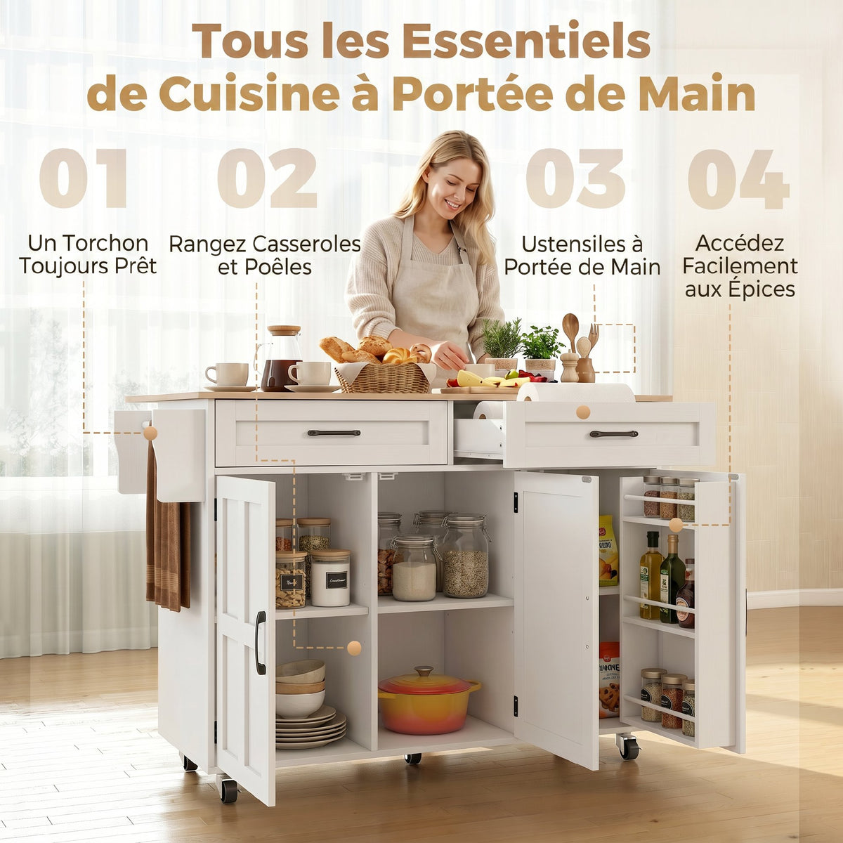 Îlot de cuisine avec plateau rabattable, chariot à roulettes 2 tiroirs, 3 portes, porte-racks et porte-serviettes, blanc
