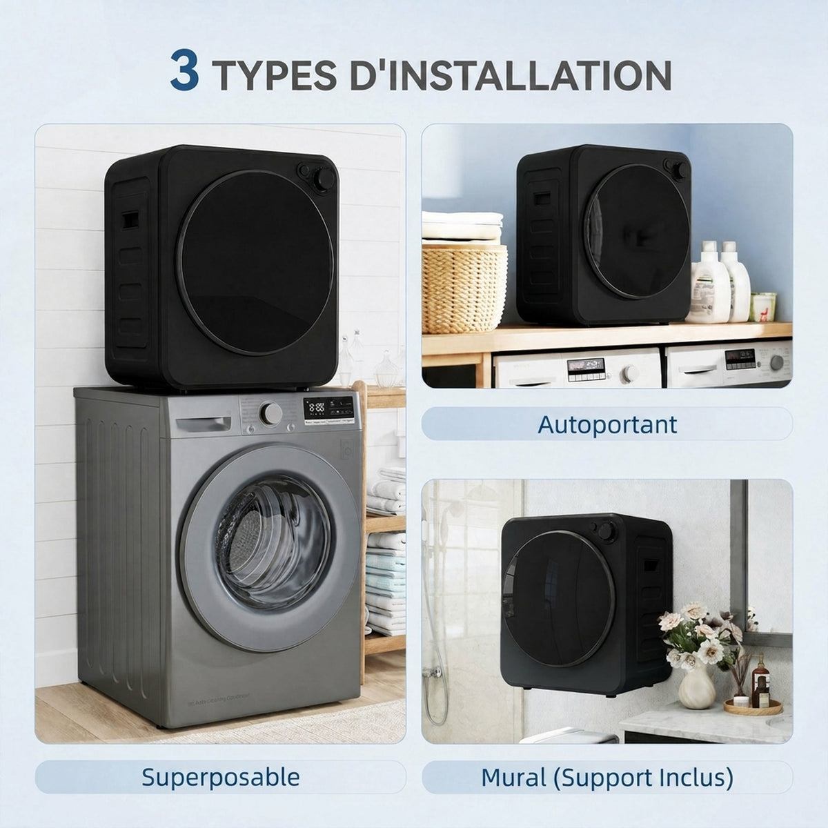 2.5kg Compact Vented Tumble Dryer, 400/800W Electric Clothes Dryer, 5 Drying Modes, Front Loading, Black