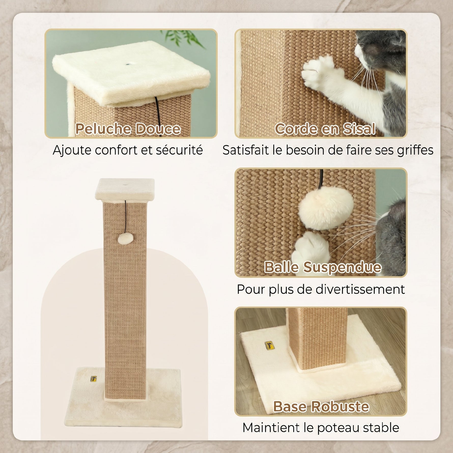 Griffoir pour chat poteau griffoir chat en sisal et peluche, boule suspendue base stable 41 x 41 x 81 cm beige