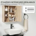 Meuble salle de bain avec miroir, placard à portes et 6 compartiments ouverts, 60 x 14,5 x 49,4 cm, bois naturel