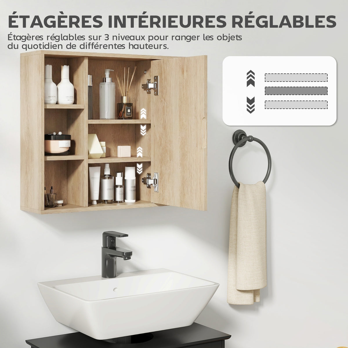 Meuble salle de bain avec miroir, placard à portes et 6 compartiments ouverts, 60 x 14,5 x 49,4 cm, bois naturel
