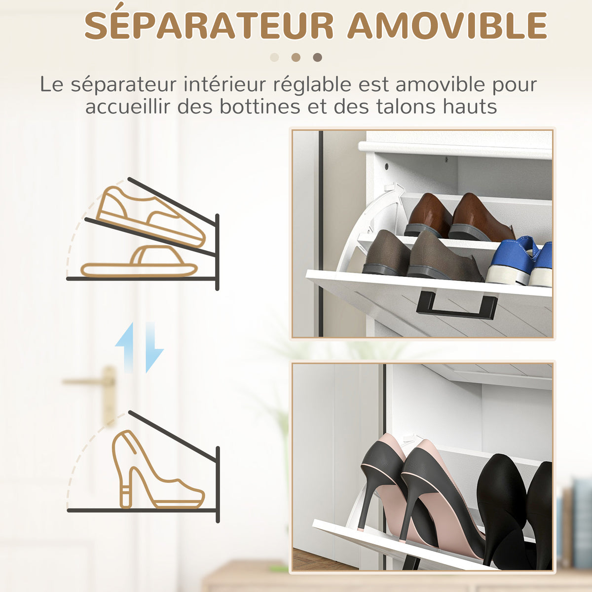 Meuble à chaussures, 2 portes abattants, étagères réglables, pour entrée, couloir, 54 x 24 x 82,5 cm, blanc