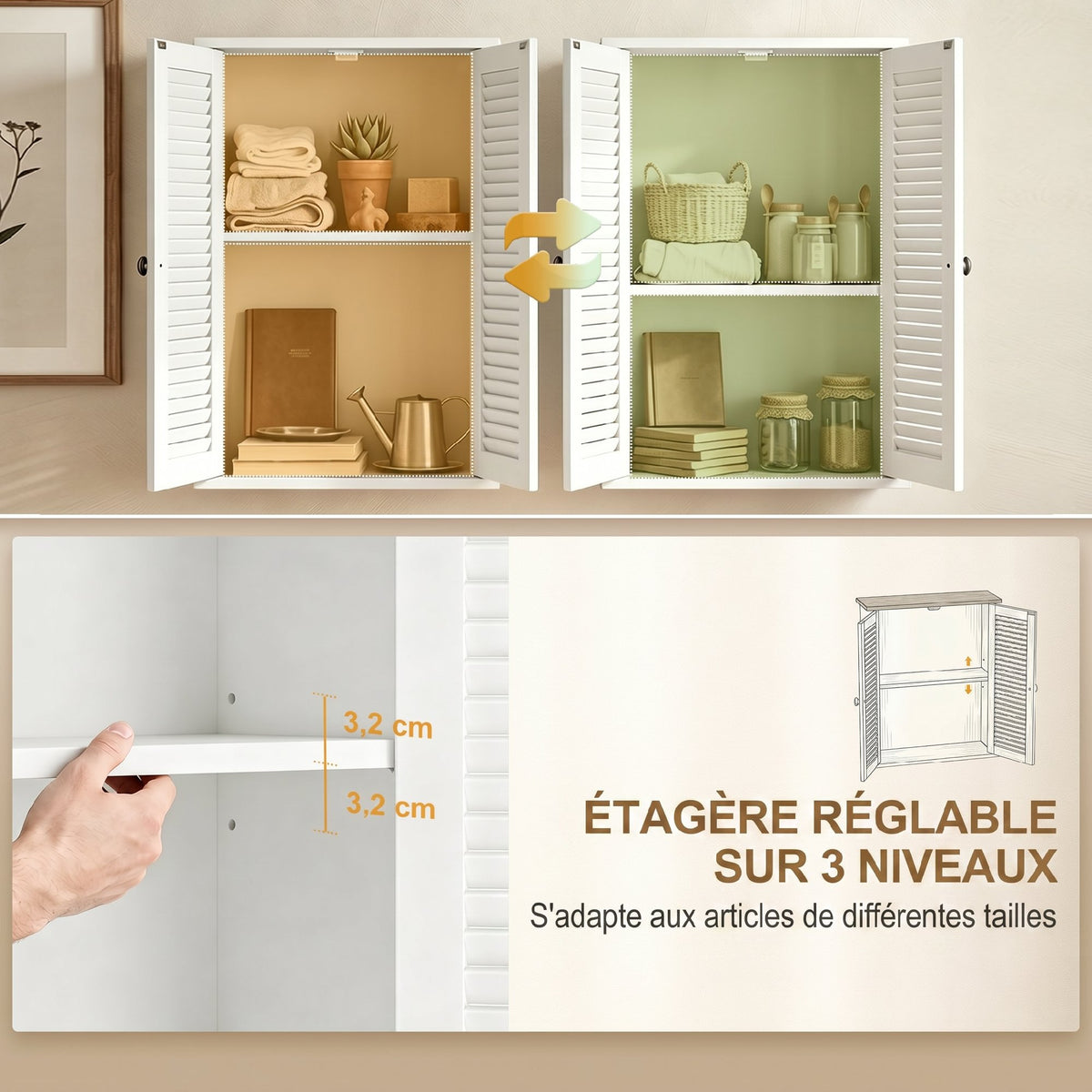 Armoire murale de salle de bain, meuble de rangement suspendu avec 2 portes persiennes et étagère réglable, blanc