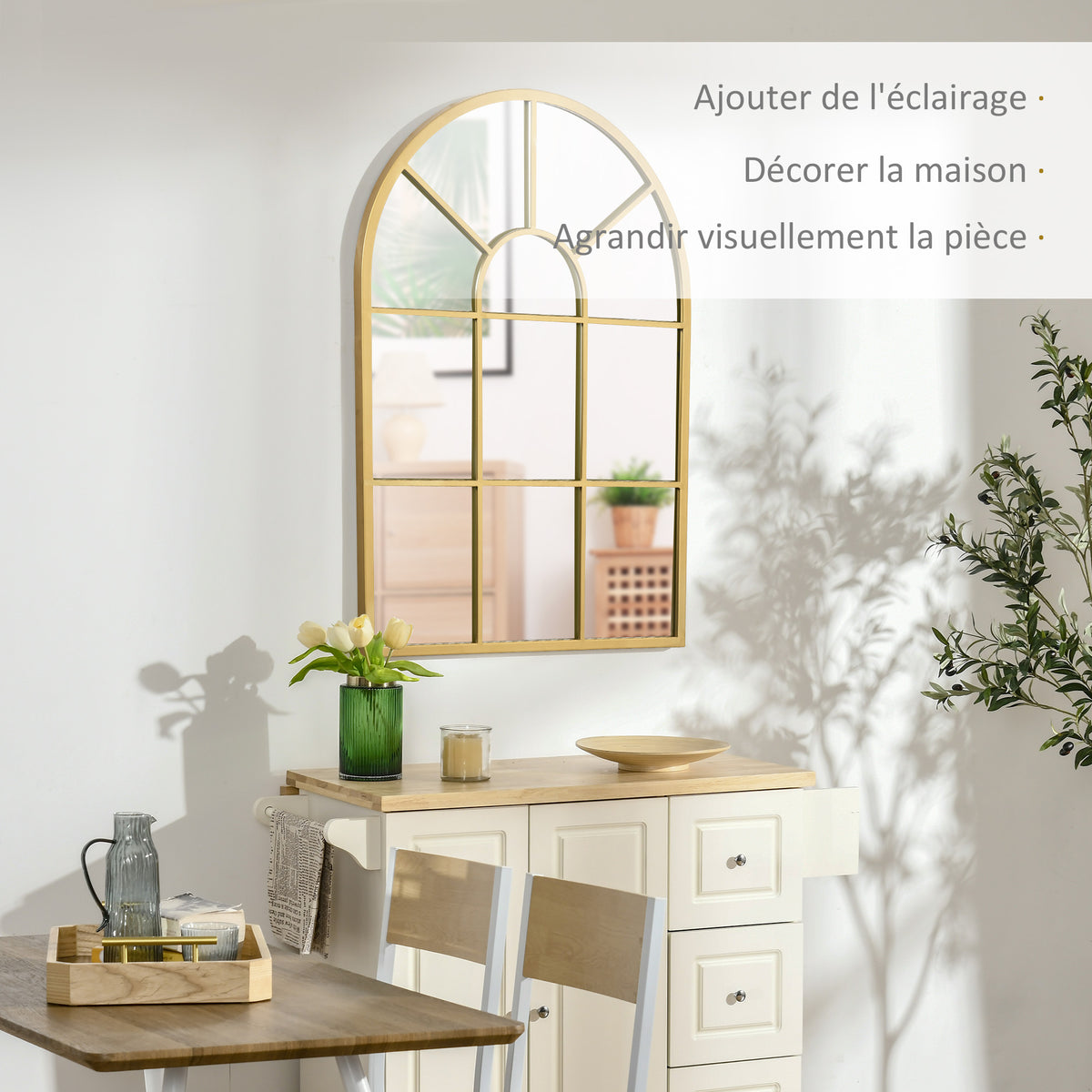 Miroir mural en métal cadre doré en forme de voûtée – 70 x 50 cm – décoration pour entrée ,chambre à coucher, salon