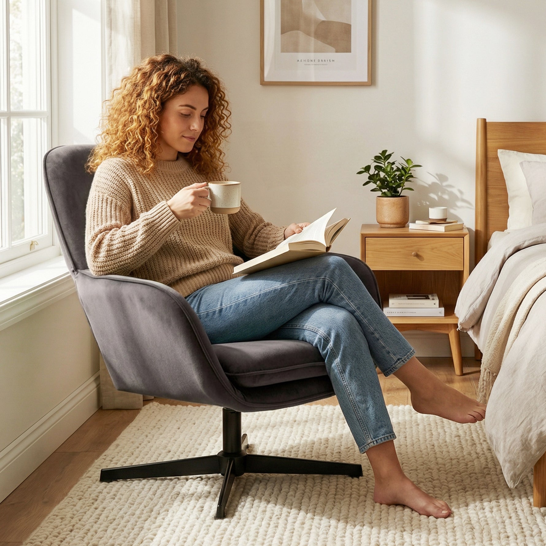 Fauteuil salon, fauteuil d'appoint rembourré en velours avec large assise, coussin et structure en métal, gris foncé