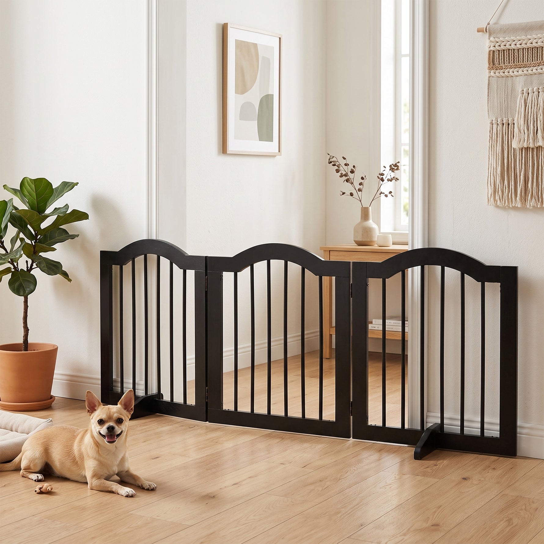 Barrière de sécurité chien barrière modulable pliable pour animaux de compagnie avec pied de support MDF bois massif 154,5 x 61 cm noir