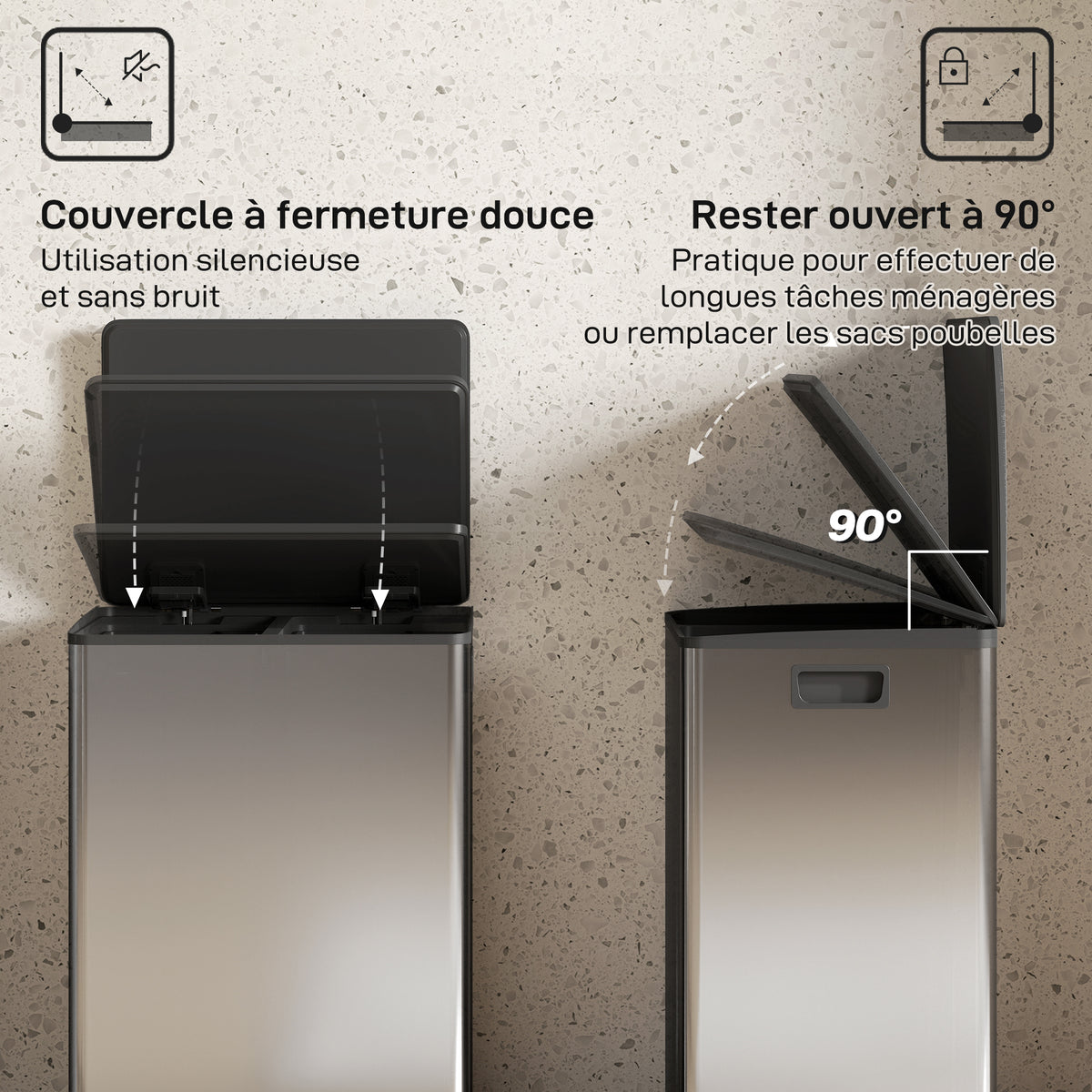 Poubelle à double compartiment 2 x 30L, poubelle cuisine à pédale, couvercle à fermeture douce, 47,5x37,5x67cm, argent