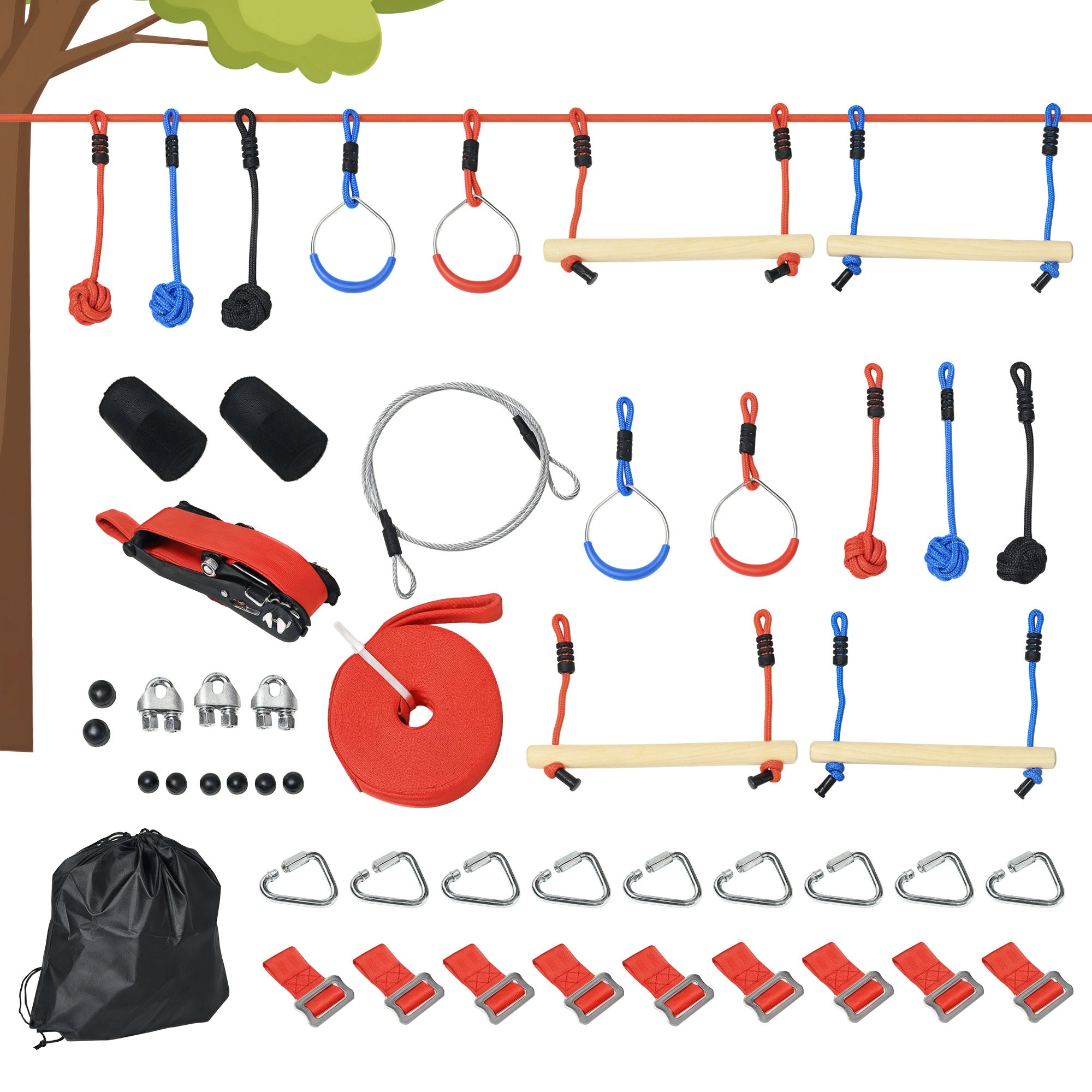 Ninja-Hindernisparcours für Kinder, 30 Zubehörteile und Tragetasche, 10 m Slackline, blau-schwarz-rot