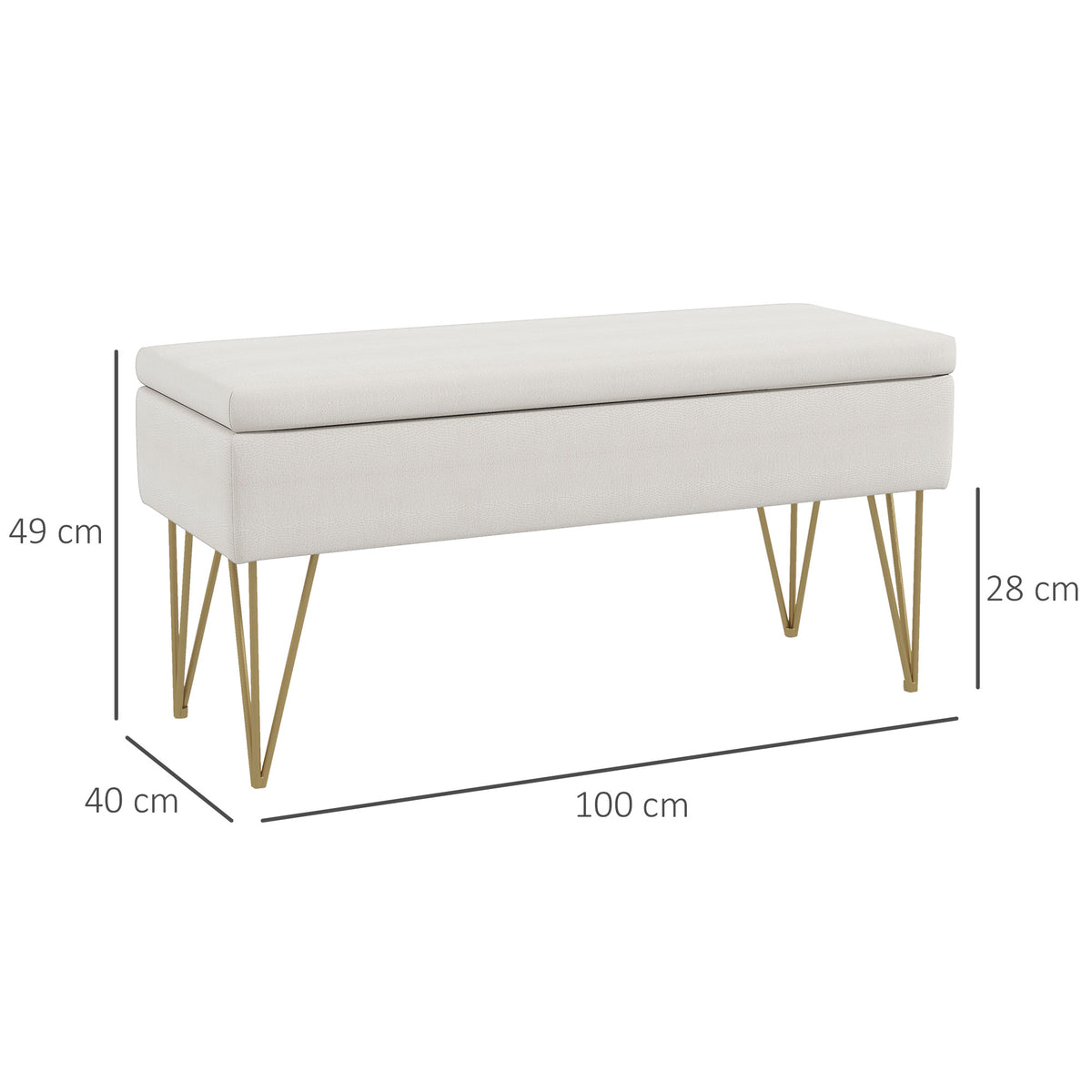 Banco baúl de almacenamiento 2 en 1 de tela con patas de horquilla de acero dorado 100 x 40 x 49 cm crema