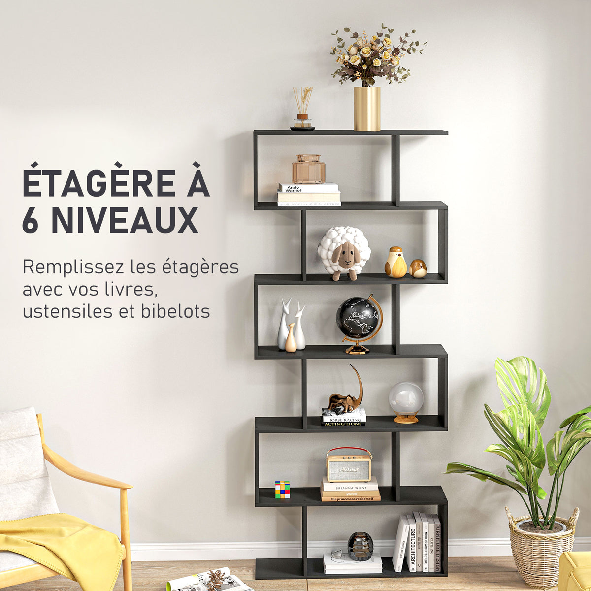 Bibliothèque étagère Zig zag Design Contemporain 80L x 23l x 192H cm 6 Niveaux Noir
