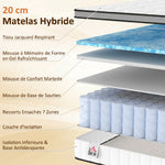 Matelas 140 x 190 cm, 20cm d'épaisseur, matelas à ressorts ensachés 7 zones mousse à mémoire forme au gel rafraîchissant