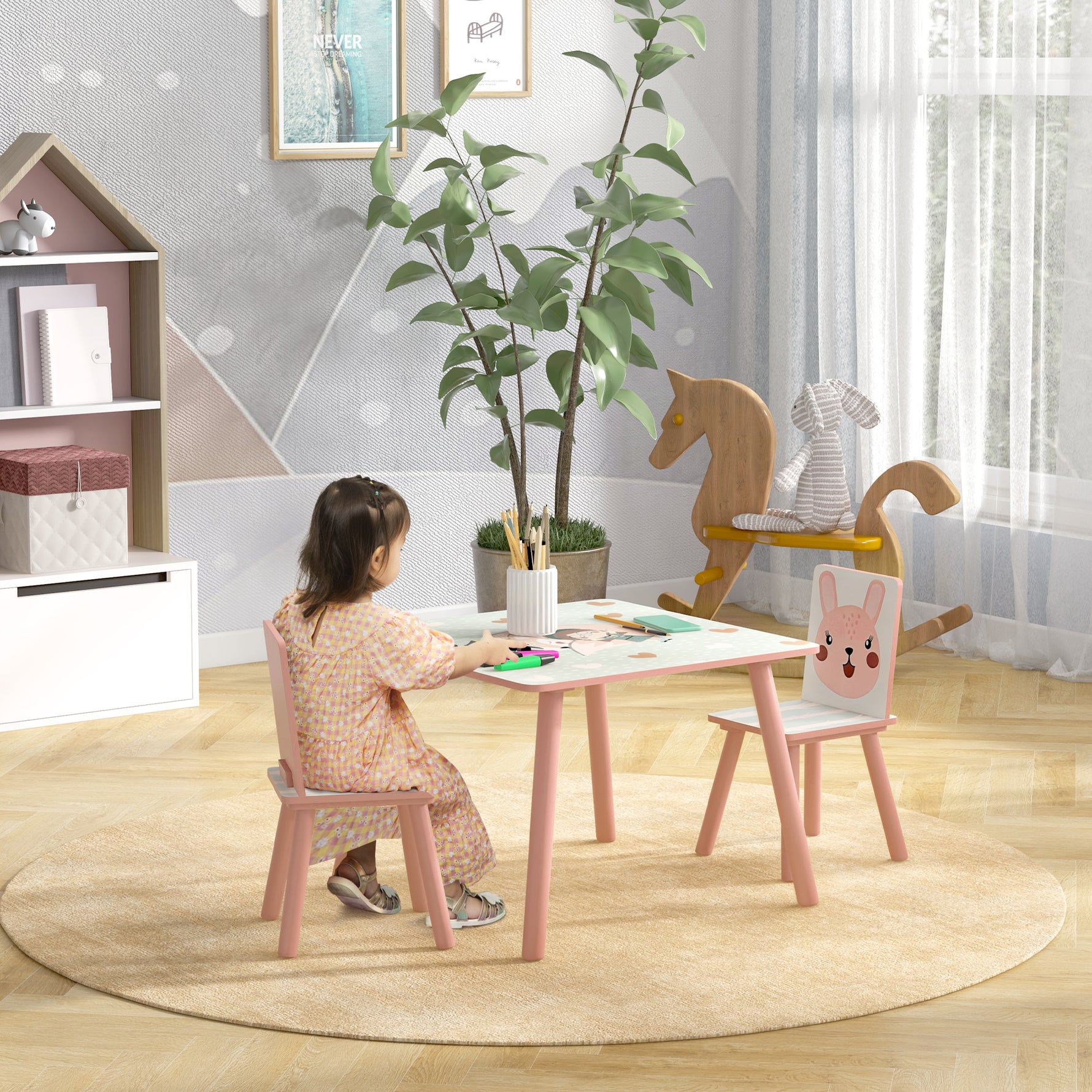 Ensemble table et chaises pour enfants, table pour enfant avec 2 chaises, motif animaux pour chambre à coucher rose