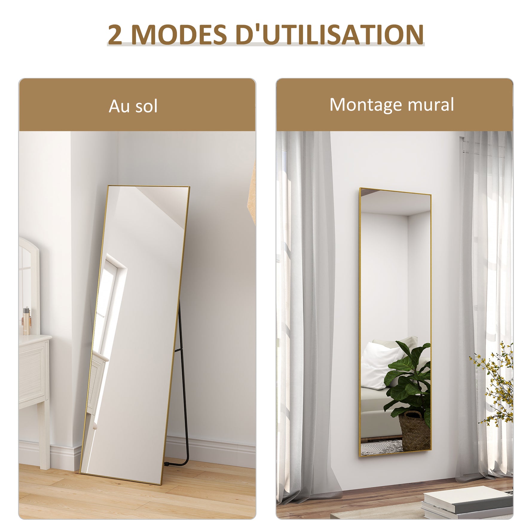 Grand miroir pleine longueur rectangulaire, 50 x 160 cm, miroir sur pied, mural ou pocé contre mur, doré
