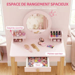 Toeletta per bambini in legno con specchio e sgabello, tavolo da trucco per bambini con cassetto e ripiano, da 3 a 6 anni, rosa