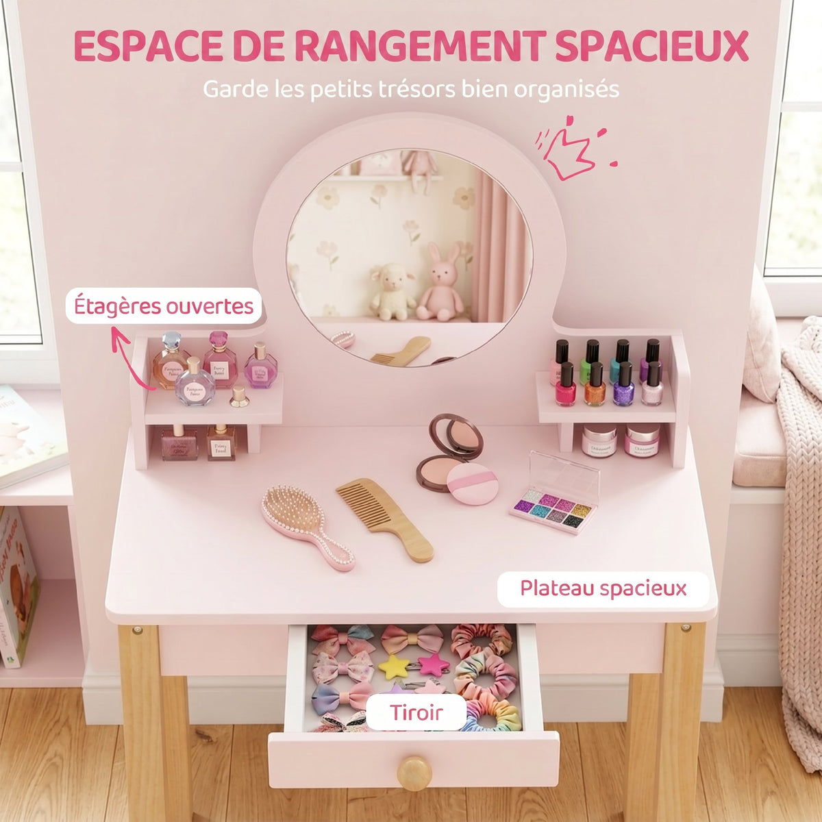 Toeletta per bambini in legno con specchio e sgabello, tavolo da trucco per bambini con cassetto e ripiano, da 3 a 6 anni, rosa