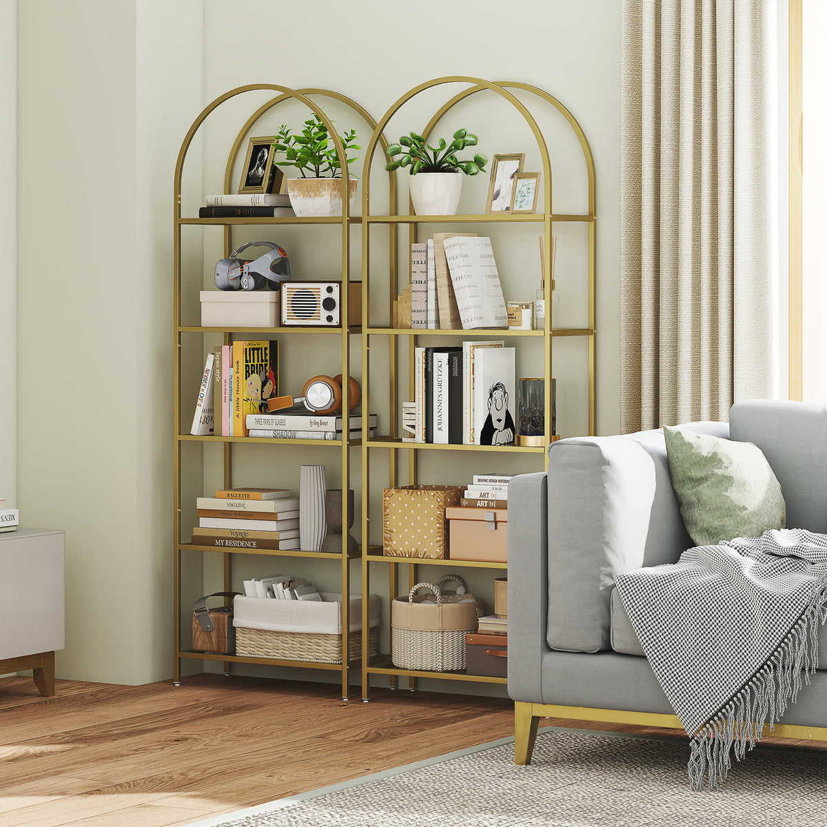 Libreria scaffale in vetro a 5 ripiani ad arco per soggiorno, ufficio, camera da letto, 60 x 30 x 175 cm, dorato