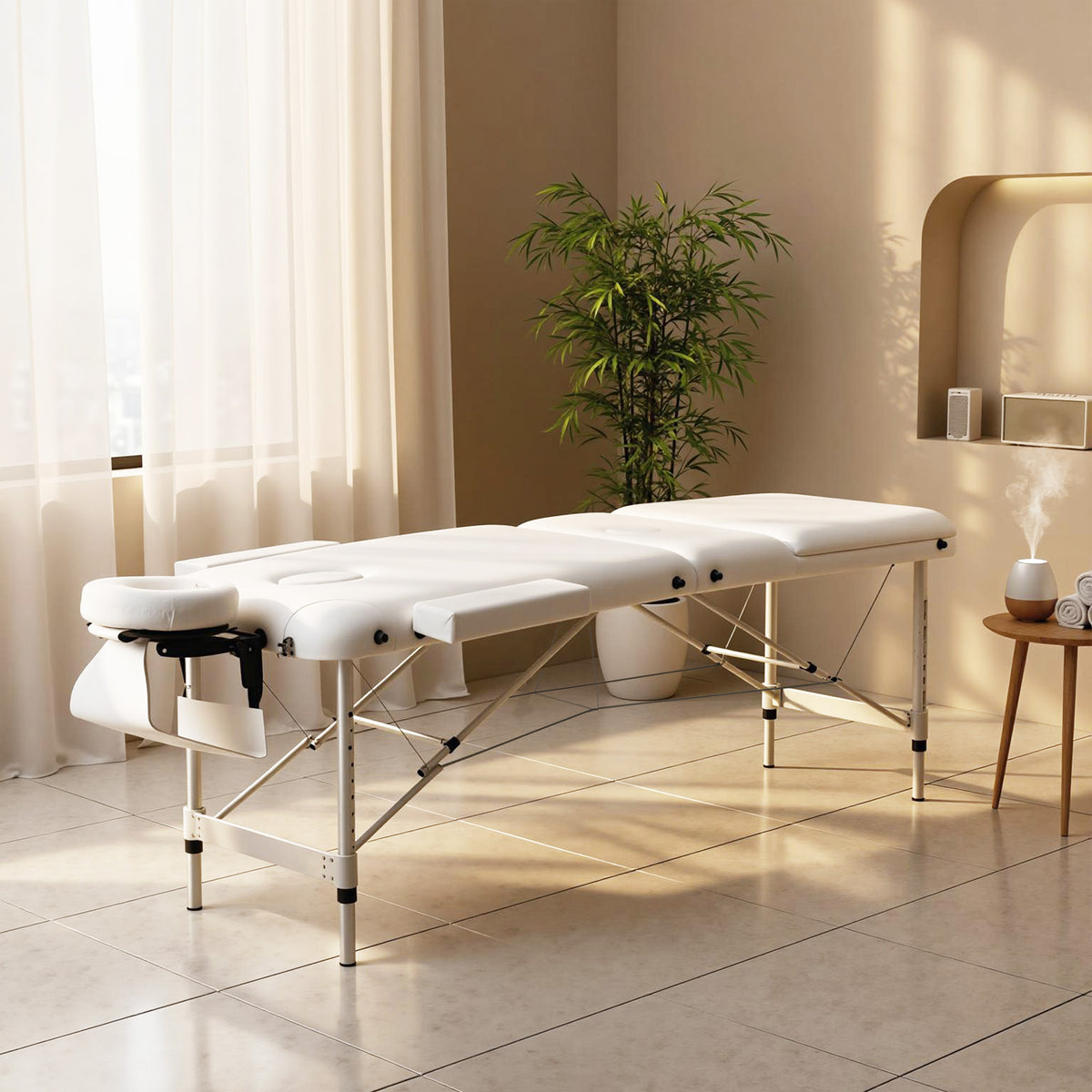 Table de massage 3 zones pliante cosmétique portable charge max. 225 Kg hauteur réglable cadre en alliage blanc