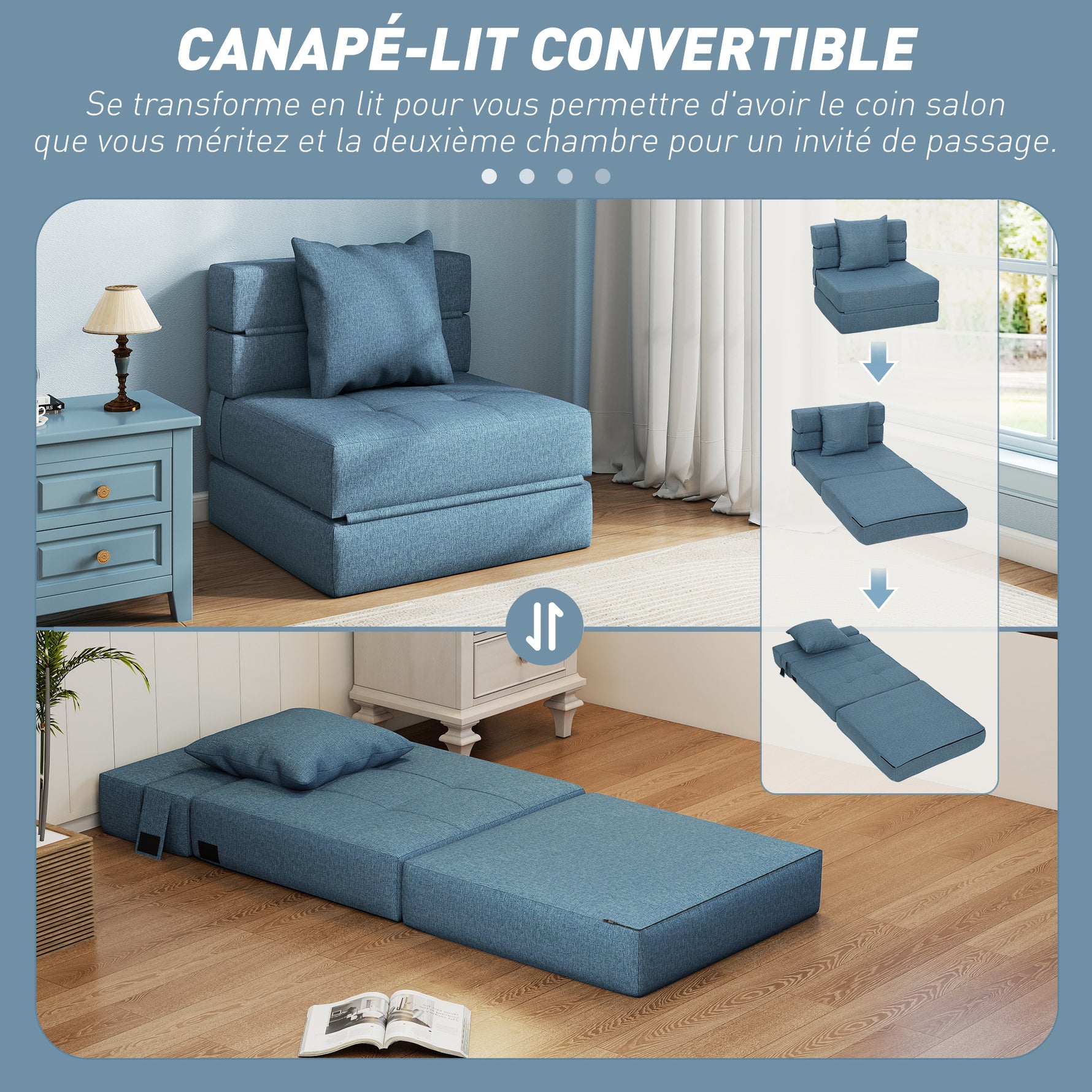 Chauffeuse canapé-lit convertible fauteuil 1 place avec 1 coussin déhoussable, tissu bleu foncé