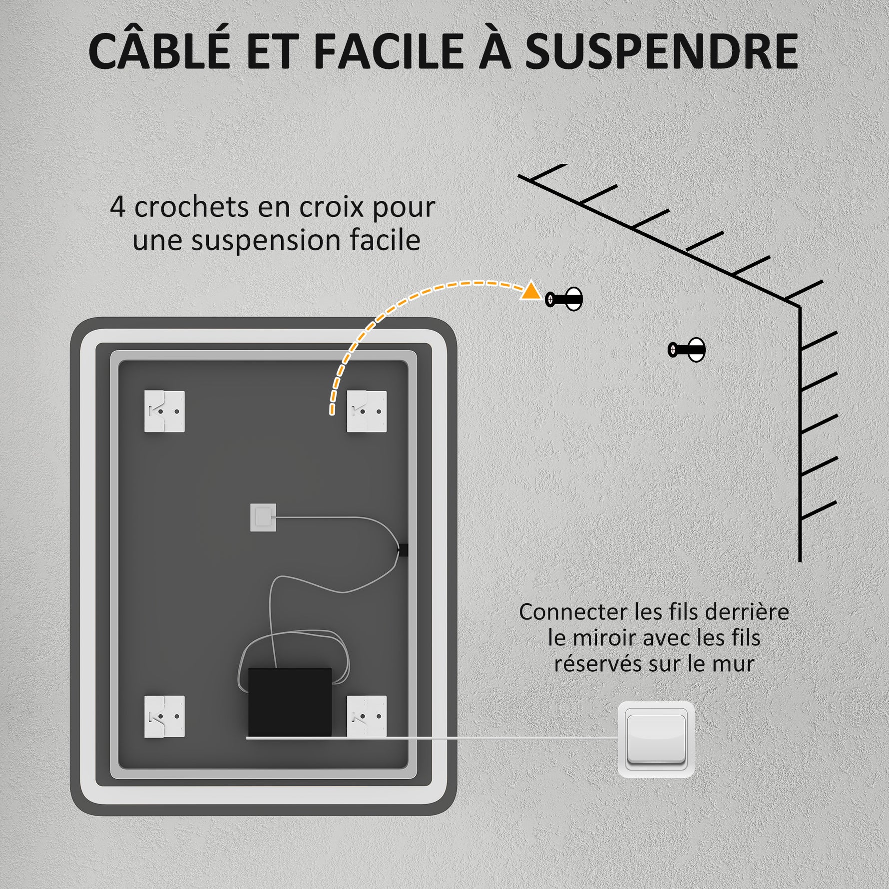 Miroir de salle de bain rectangulaire LED fonction anti-buée luminosité réglable fonction mémoire 70 x 90 cm argent
