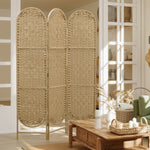 Paravent interieur ovale 3 panneaux 120 x 170 cm séparateur de pièce pliable, léger et tissé, bois naturel