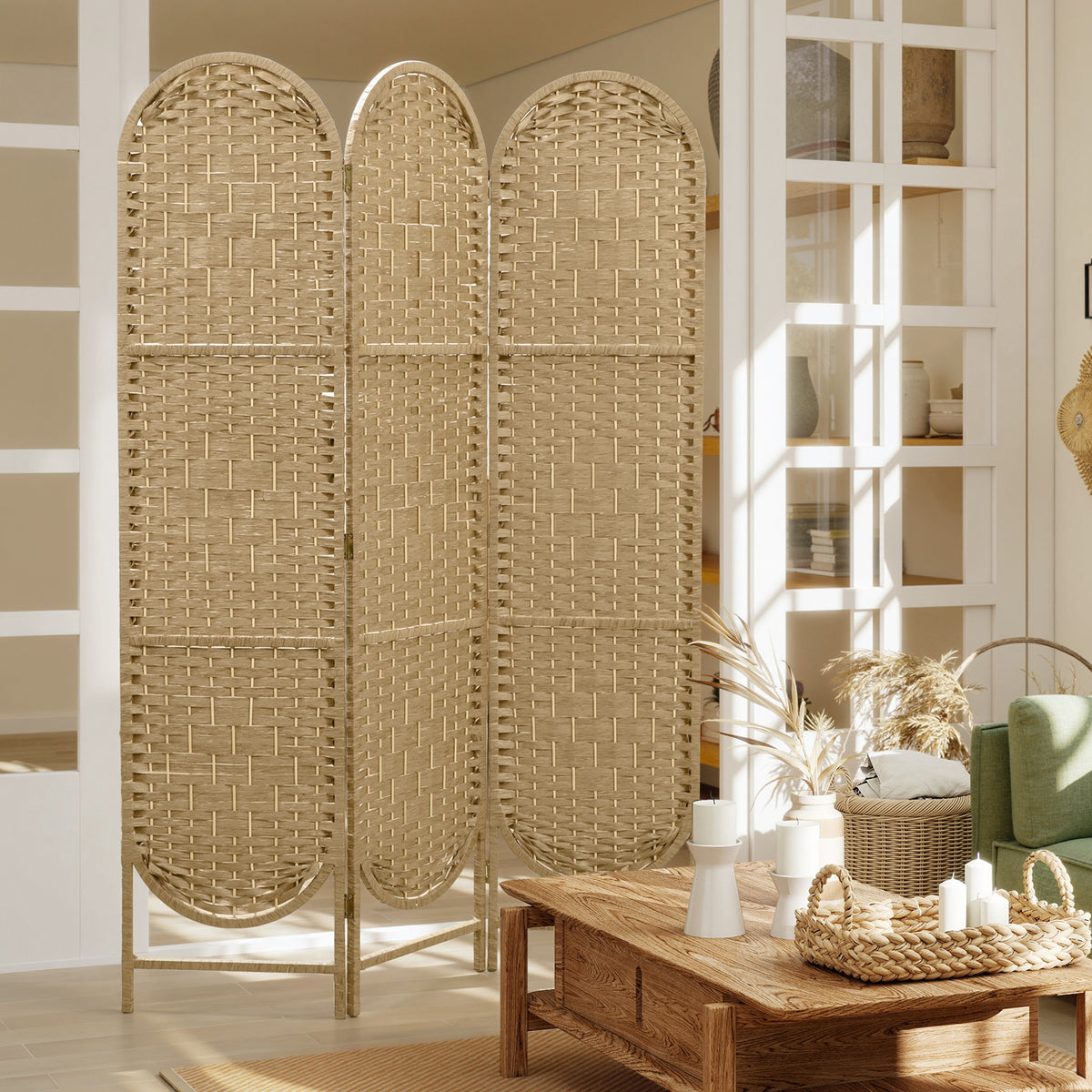 Paravent interieur ovale 3 panneaux 120 x 170 cm séparateur de pièce pliable, léger et tissé, bois naturel