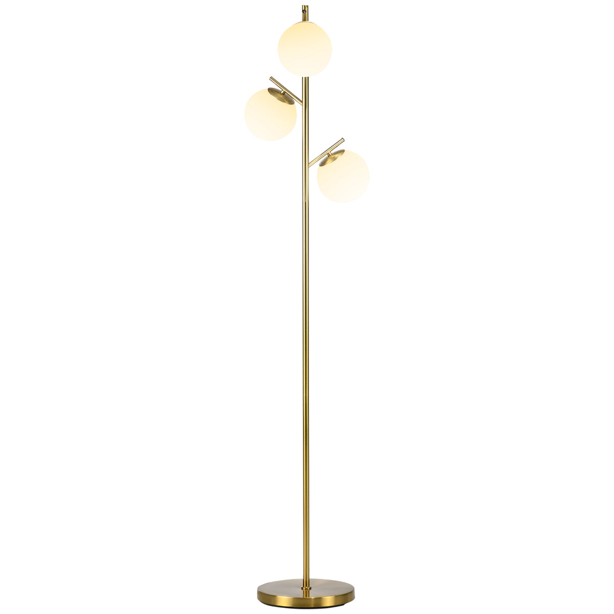 Lampadaire sur pied salon en métal avec 3 abat-jours globe blanc verre dépoli 40W Ø 27 x 169H cm doré