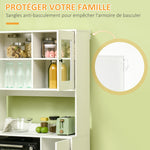 Armoire de cuisine avec 3 placards, niches, étagères réglables, portes vitrées, passe-câble, 90x40x180cm, blanc
