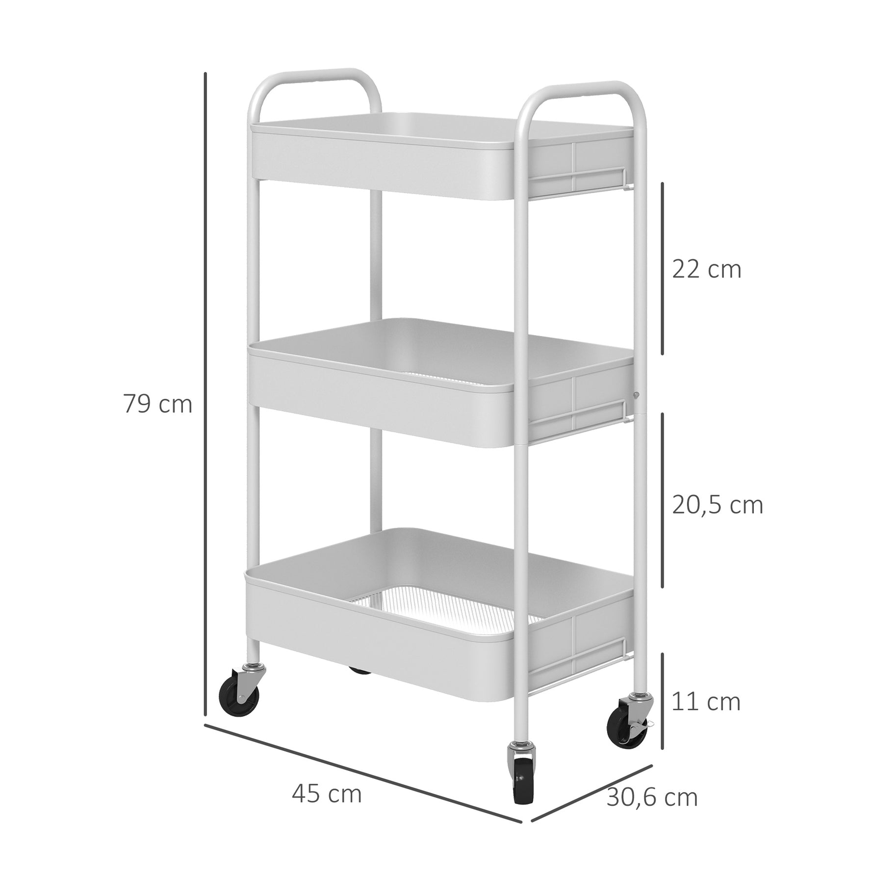 Desserte chariot de rangement en acier chariot de service à roulettes 3 plateaux ajourés 45 x 30,6 x 79 cm blanc