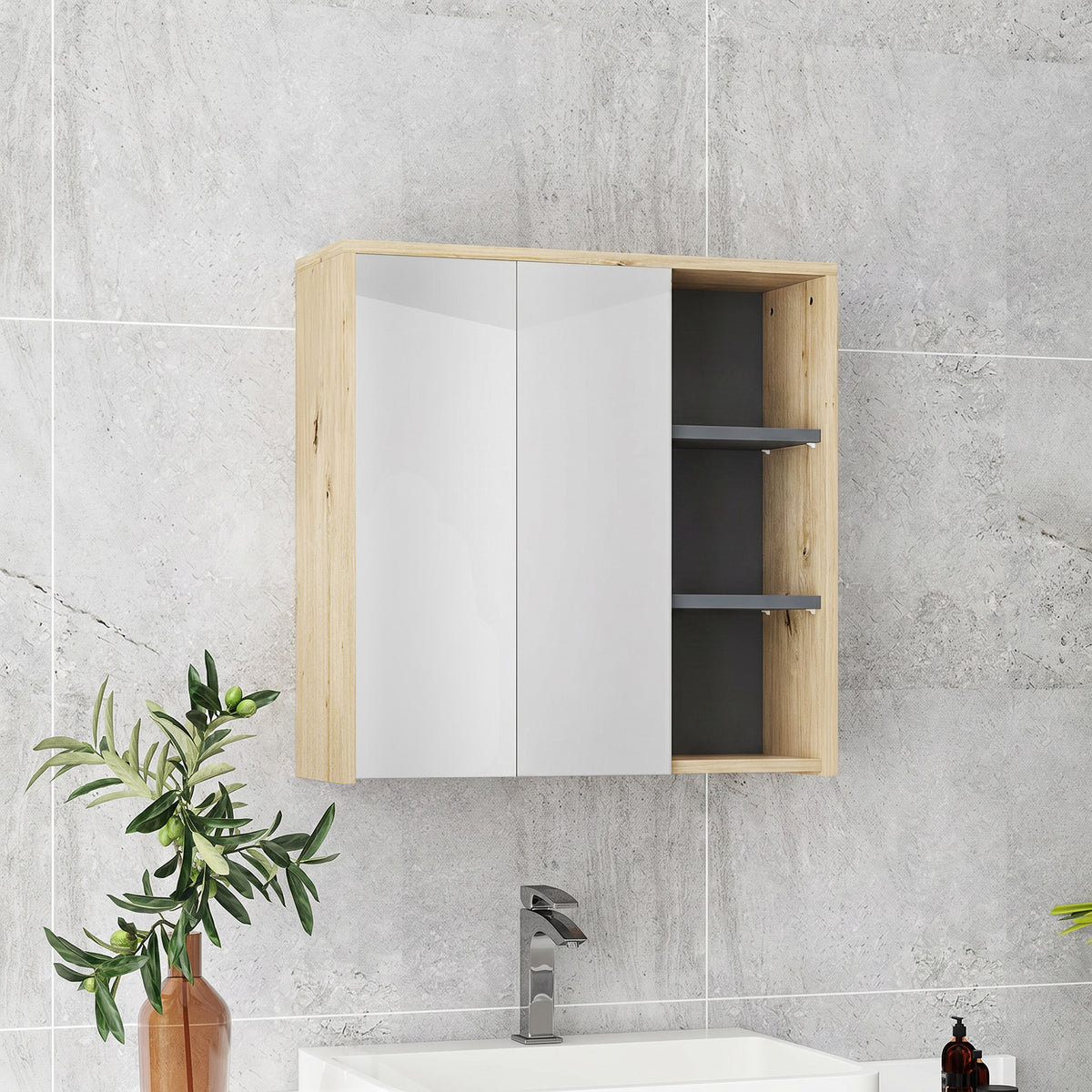 Armoire de salle de bain avec miroir armoire de toilette miroir mural 3 étagères ouverts 60 x 20 x 60 cm bois naturel