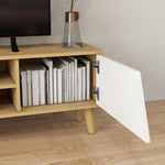 Meuble TV pour télévision jusqu'à 65 pouces design scandinave 2 portes 2 niches avec passe-câbles 150 x 30 x 42 cm