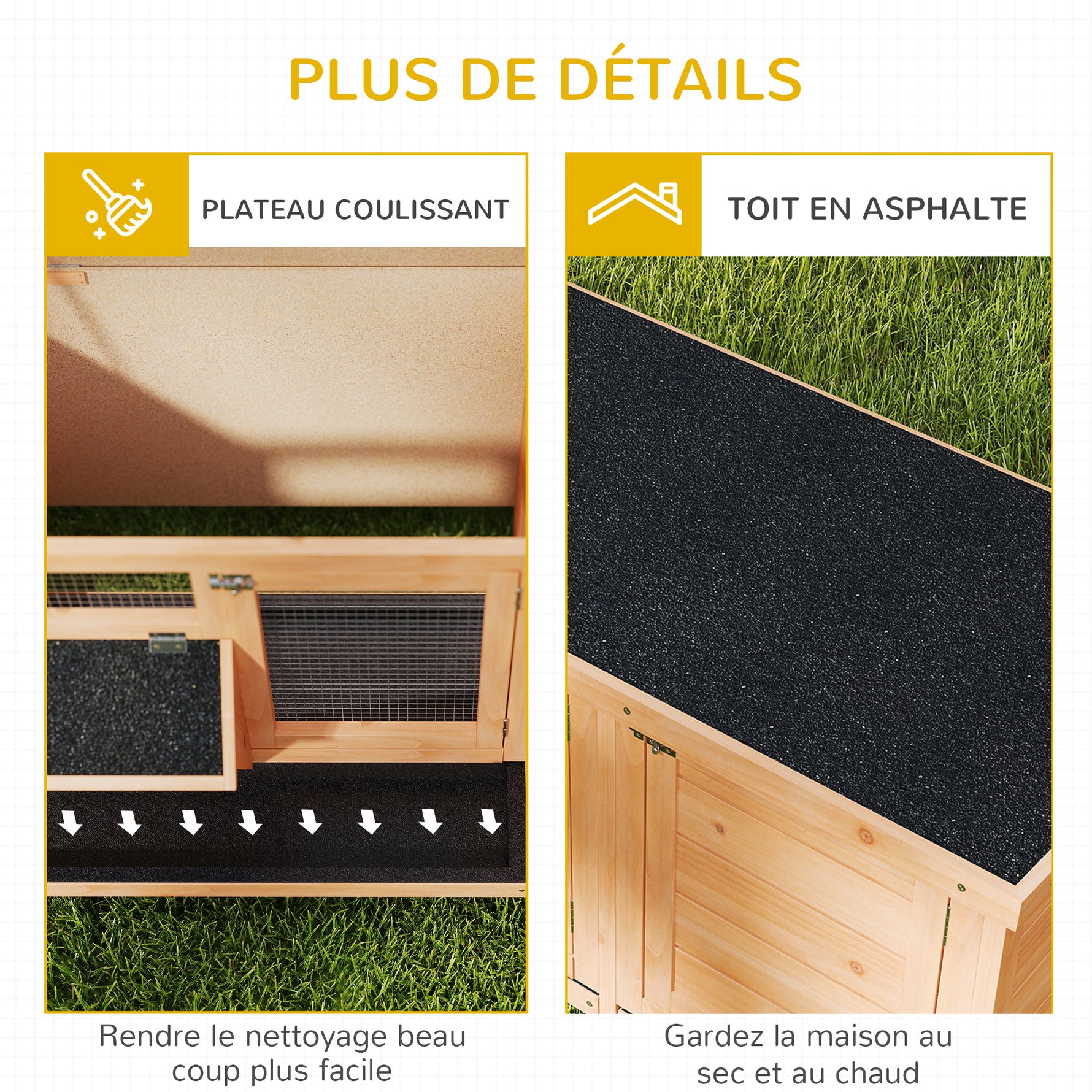 Clapier sur pied cage à lapin avec toit bitumé ouvrant 2 portes verrouillables 2 tiroirs à déjection coulissants mangeoire bois de sapin traité dim. 112L x 50l x 54H cm bois naturel et noir