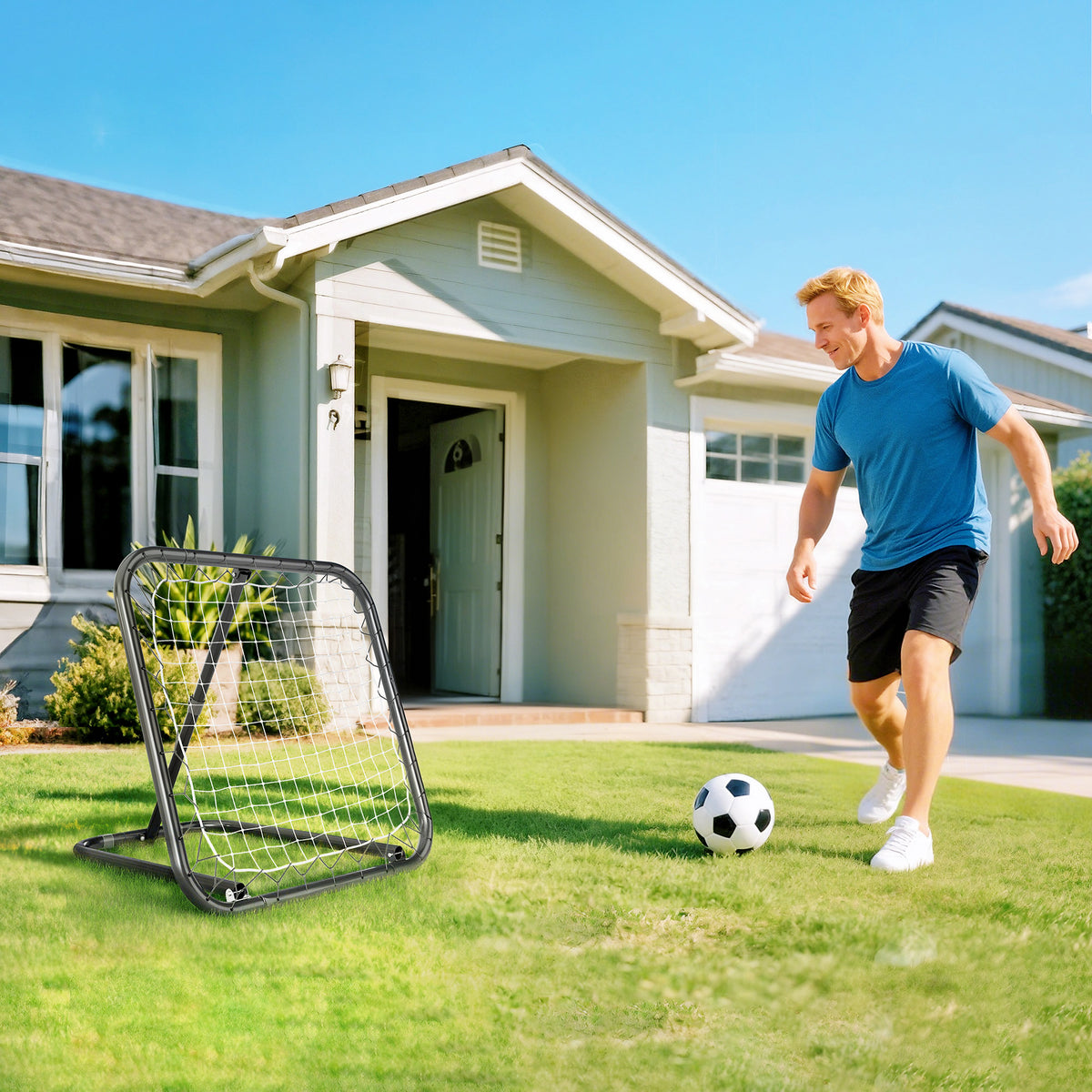 Filet de rebond de football rebondisseur de football ajustable pliable portable 4 piquets de fixations au sol filet de PE noir blanc 78 x 84 x 78 cm