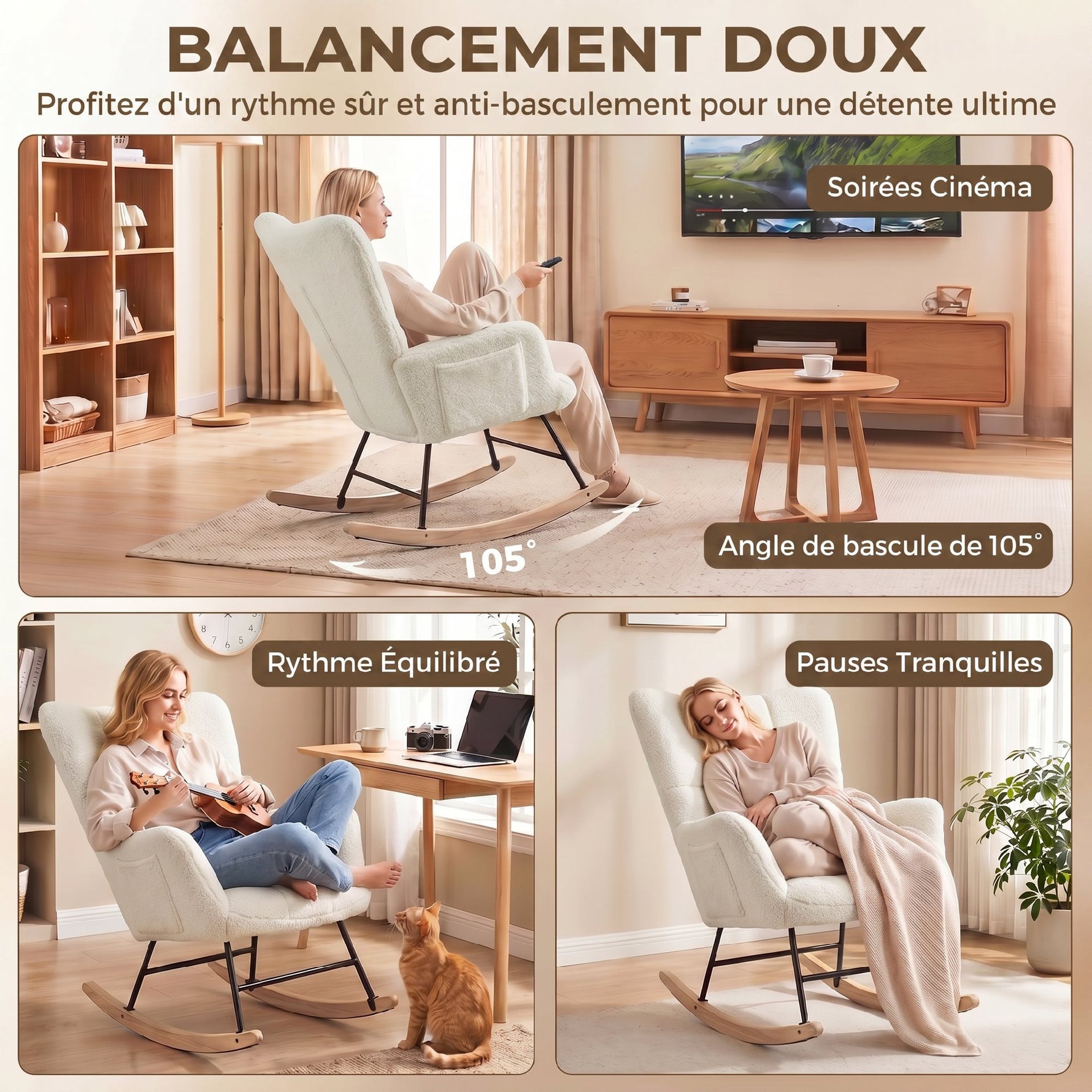 Fauteuil à Bascule, Rocking Chair en Peluche Teddy, Poches Latérales, Dossier à Oreilles Capitonné, Crème