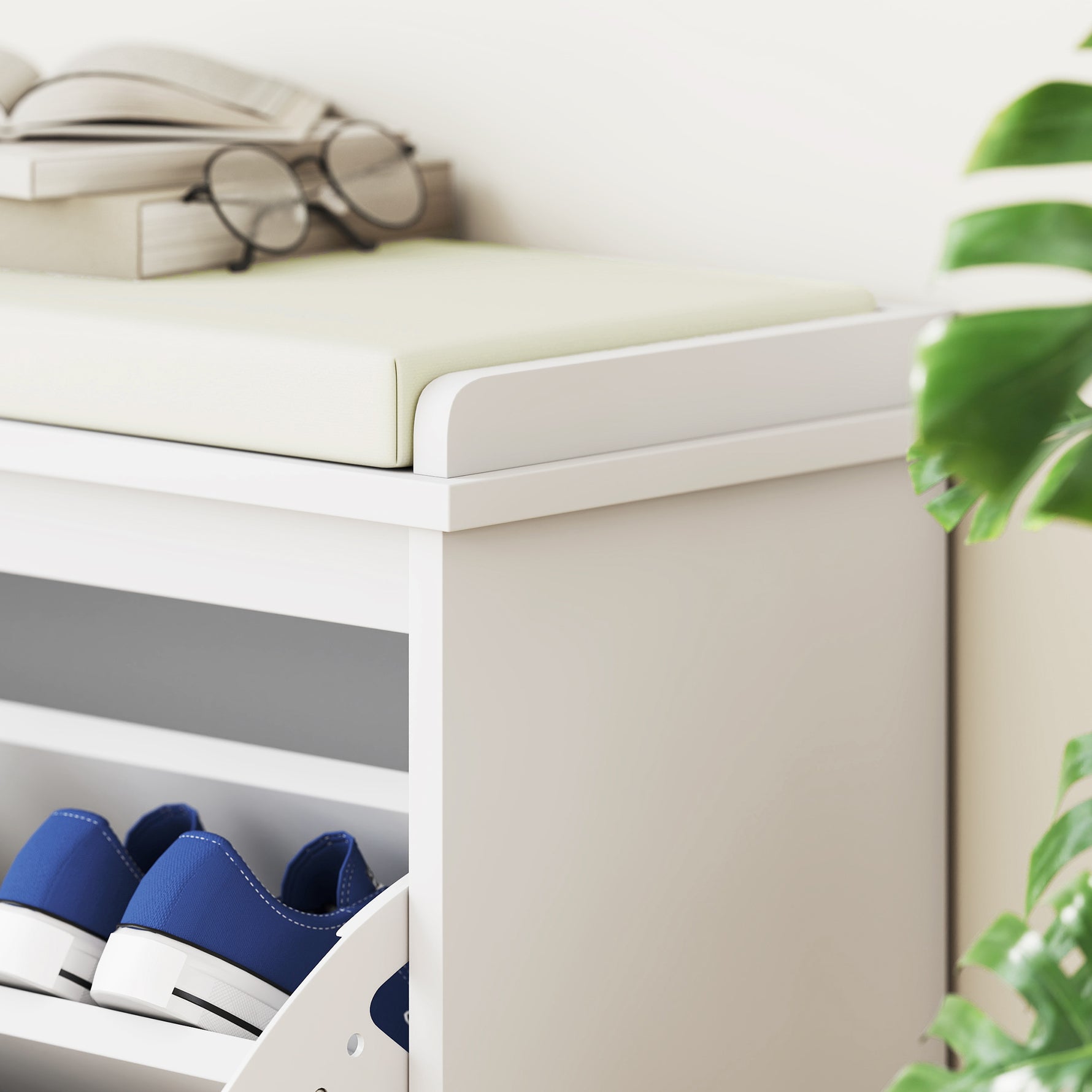 Banc à chaussures avec coussin d'assise rembourré et tiroir rabattable pour couloir, chambre, 80 x 26 x 47,5 cm, blanc