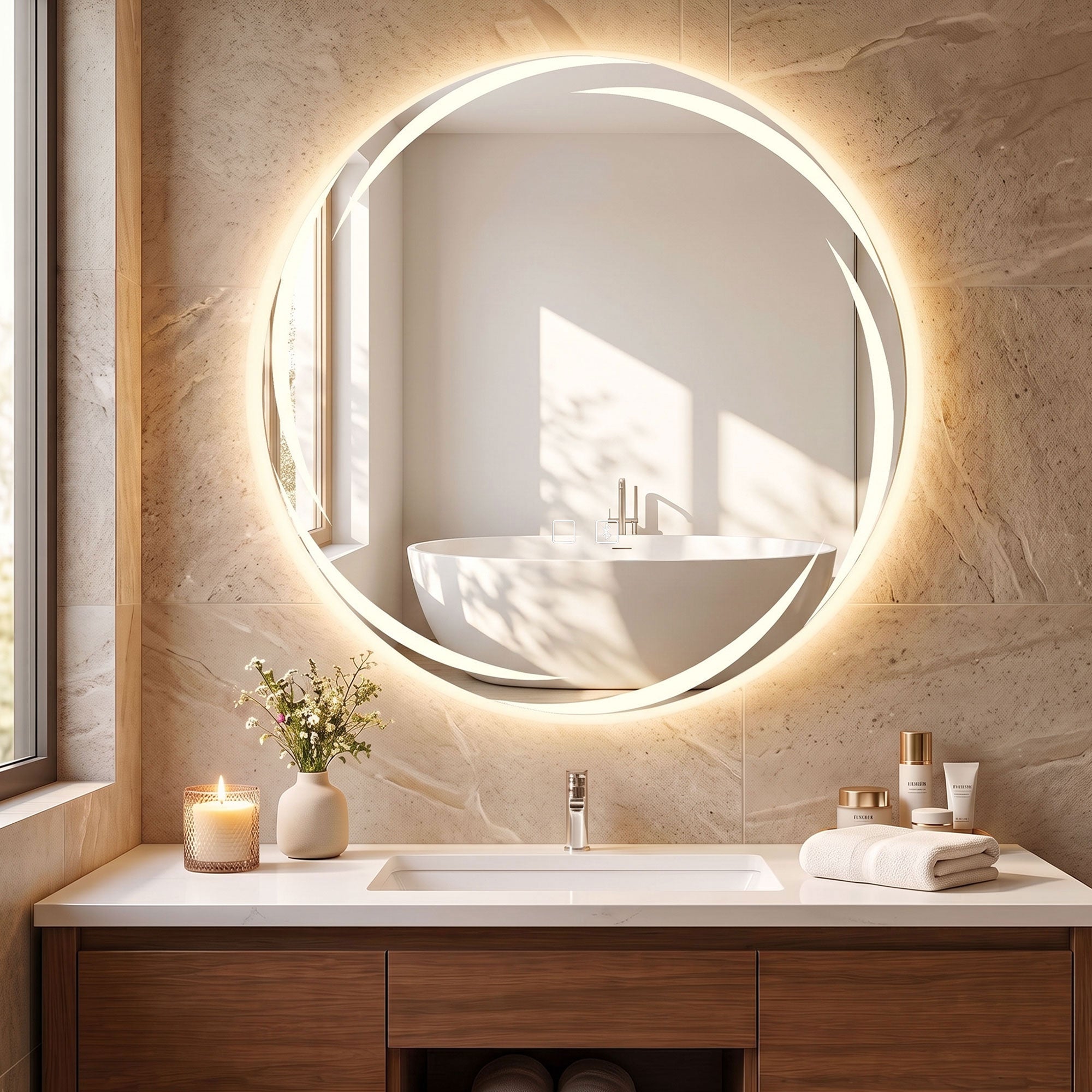 Miroir de salle de bain rond Ø 60 cm avec LED avant et arrière, anti-buée, haut-parleur Bluetooth, intensité variable