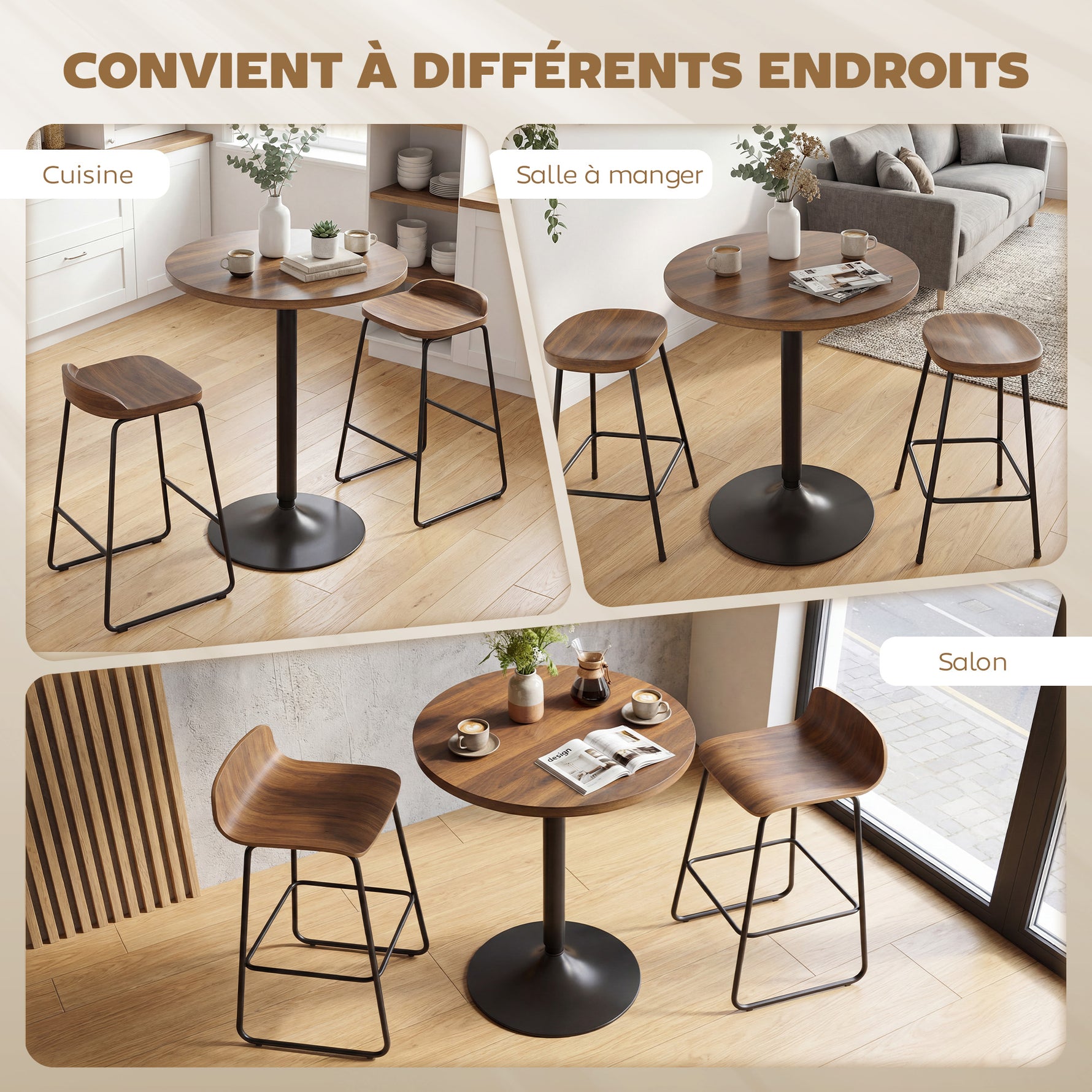Table de bar ronde 60 cm, table haute cuisine mange-debout avec patins antidérapants, pour cuisine, salon, noyer