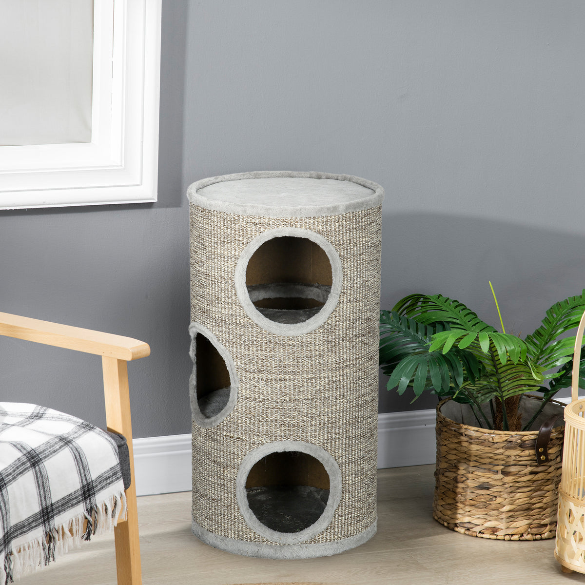 Tonneau à gratter pour chat, tour à griffer en sisal à 3 niveaux recouvert de peluche, Ø 38 x 70 cm, gris