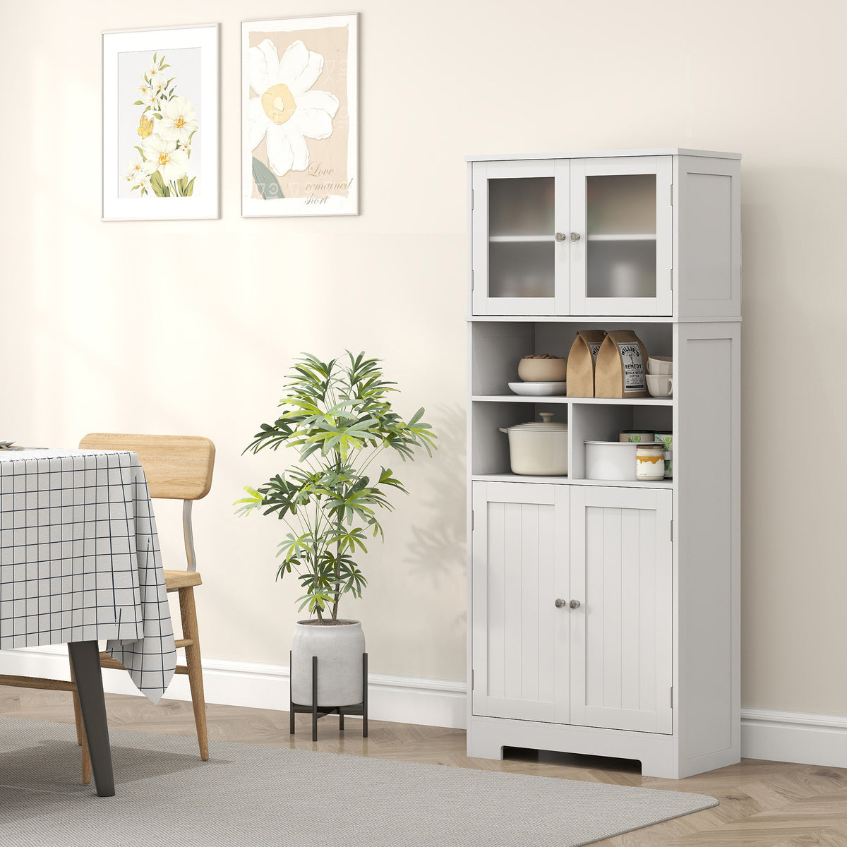 Buffet haut cuisine, armoire de cuisine, 4 portes, niches, étagères réglables, portes en verre, 60 x 30 x 145,5 cm blanc