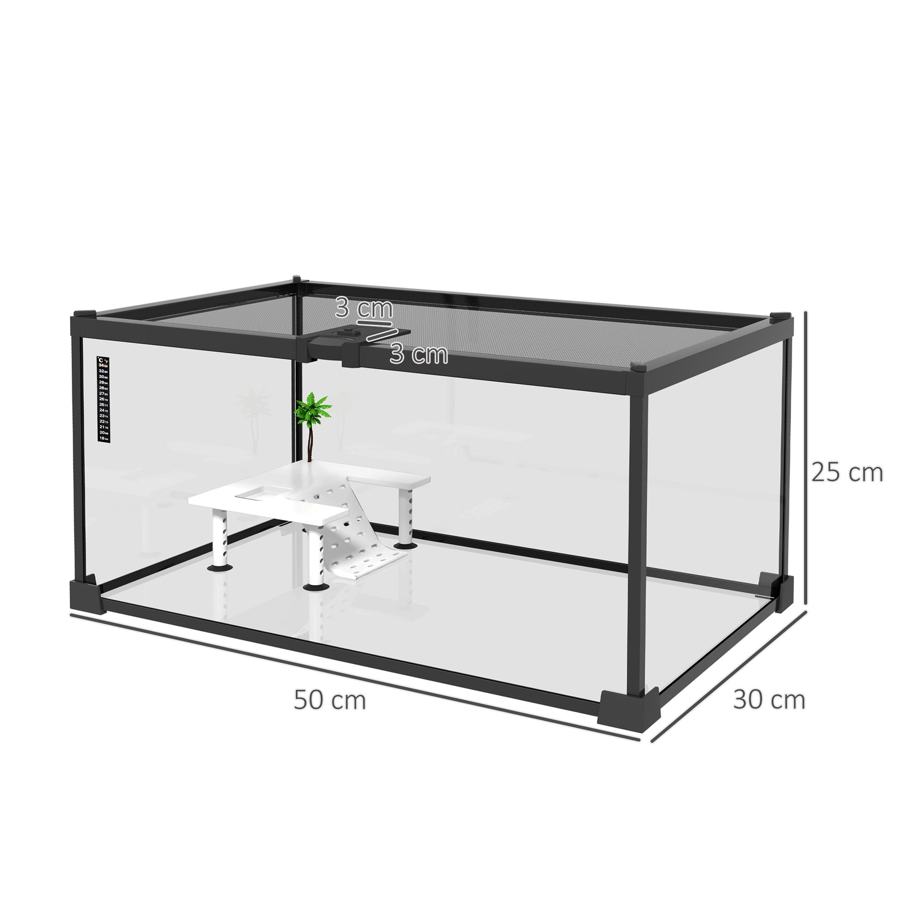 Aquarium pour Tortues avec Plateforme de Repos, Couvercle Coulissant en Filet, Thermomètre, 50x30x25cm, Blanc