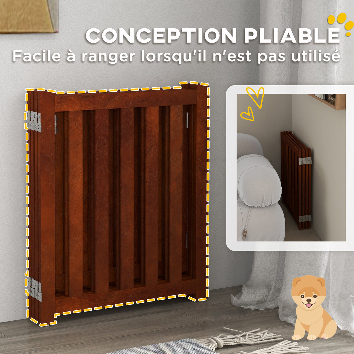Barrière de sécurité chien pliable double face en bois, 4 panneaux avec porte, pieds de support, 205 x 60 cm, marron