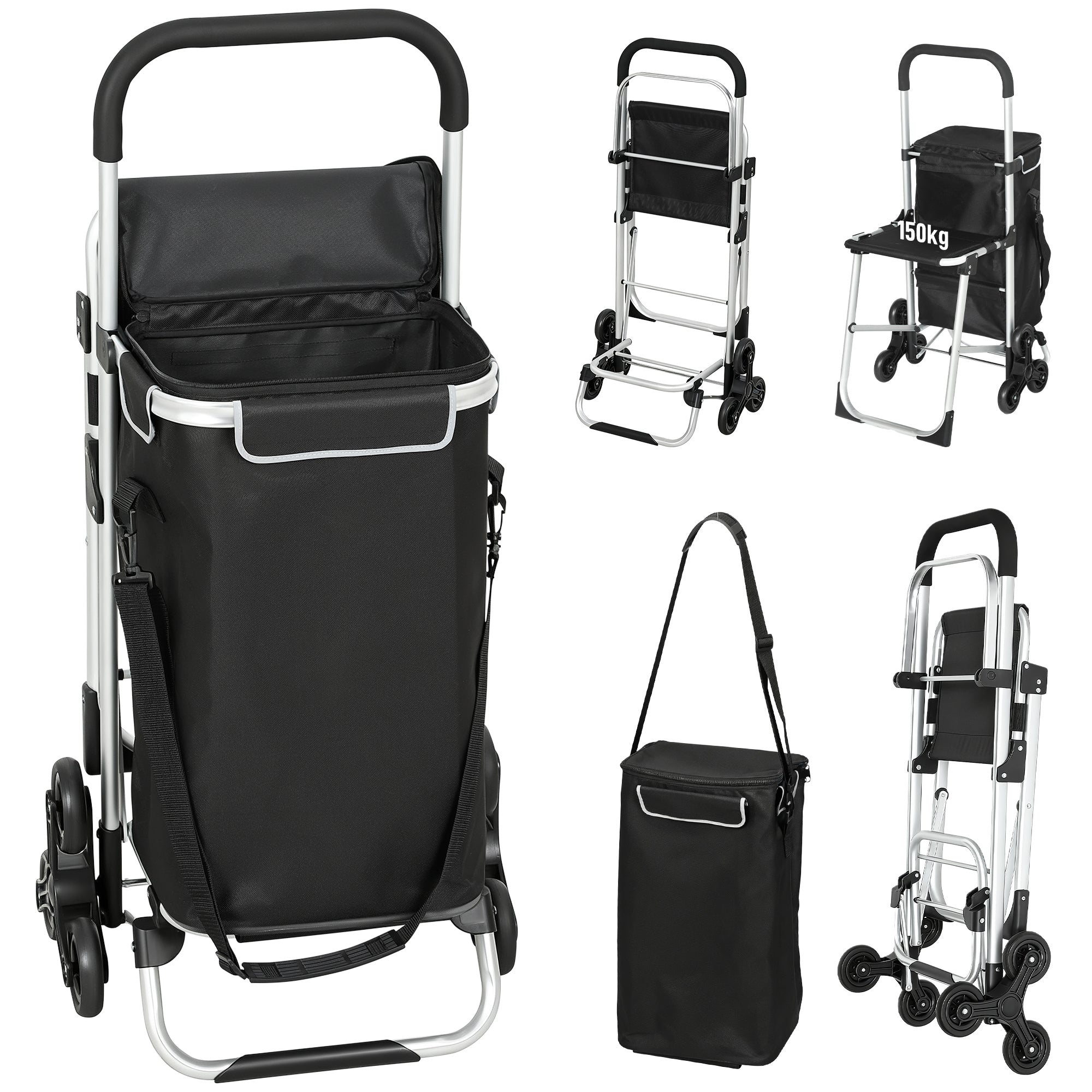 Chariot de courses pliable caddie de courses portable à roulettes avec siège pliable, sac amovible, 46x59,5x97cm, noir