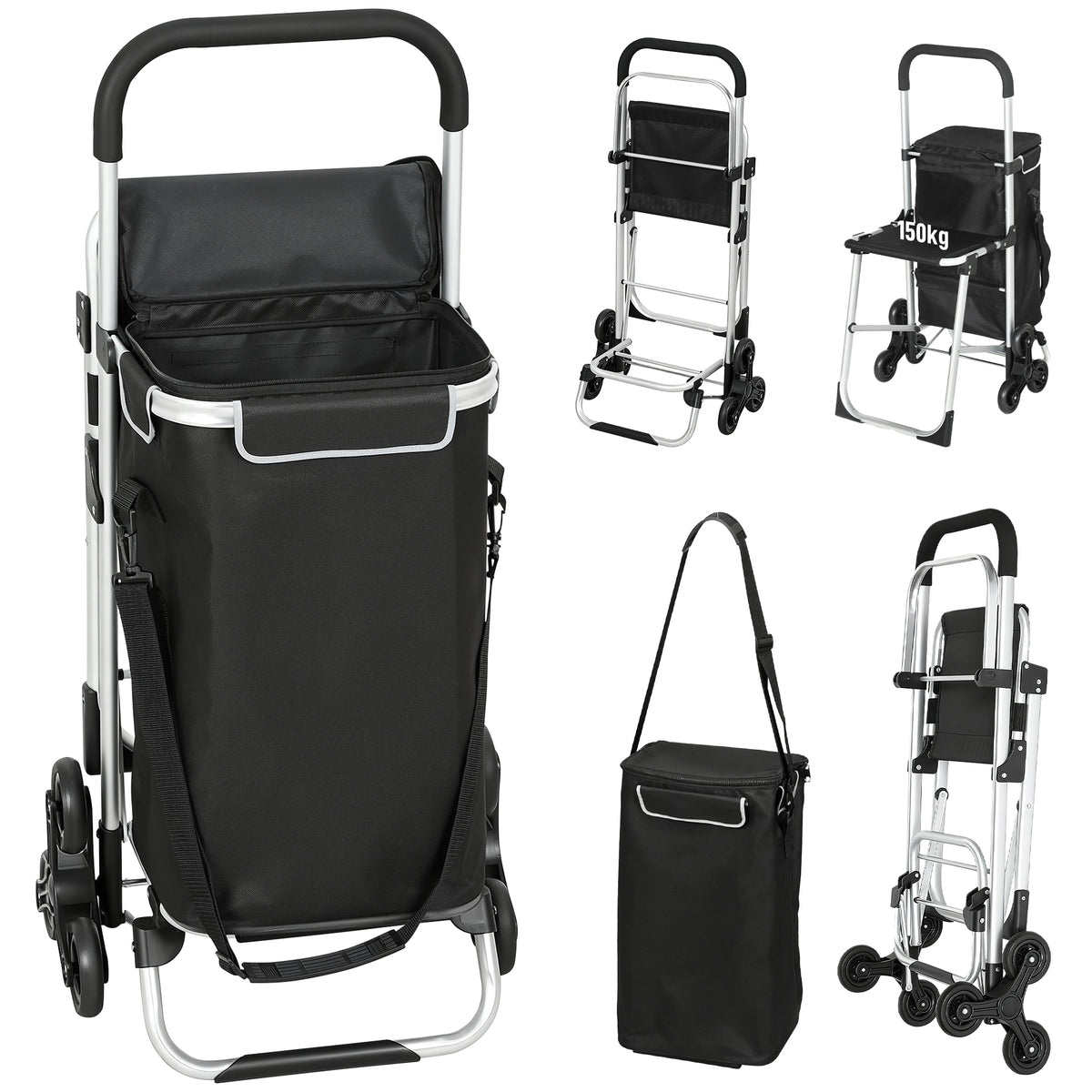Chariot de courses pliable caddie de courses portable à roulettes avec siège pliable, sac amovible, 46x59,5x97cm, noir