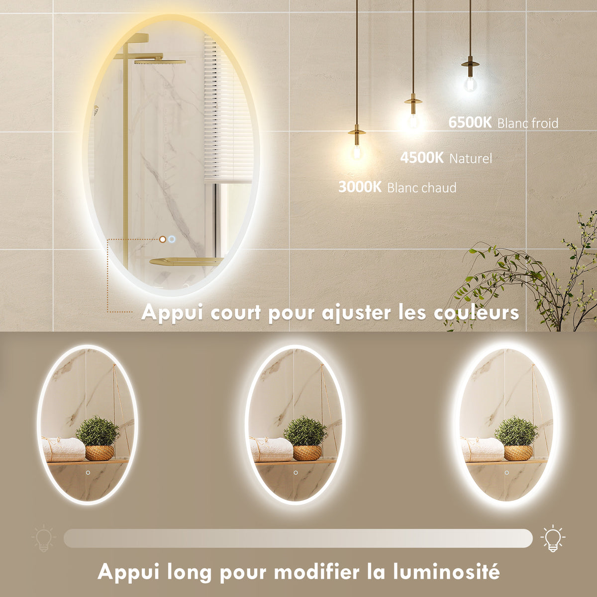 Bainugelako ispilua argiztapenarekin 80 x 50 cm, LED ispilu obalatua, lainoaren aurkakoa, 3 argi kolore, erregulagarria, gardena