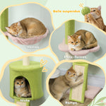 Arbre à chat du sol au plafond 5 niveaux hauteur réglable 220-240 cm plateformes fleur avec griffoir niche hamac vert