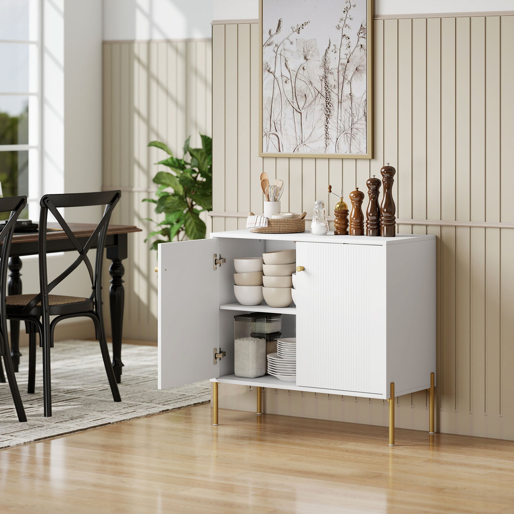 Buffet salon, meuble de rangement avec double porte cannelée, étagère réglable, pieds en acier, 80 x 39,1 x 76 cm, blanc