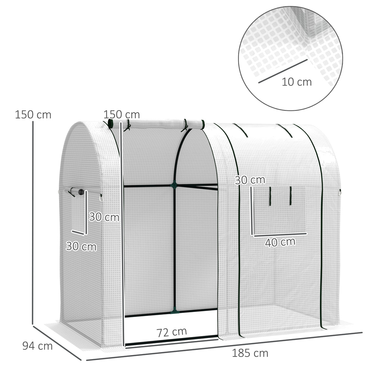 Serre de jardin 1,8 m² serre à tomates 2 portes zippées déroulantes 4 fenêtres enroulables acier PE 135 g/m² blanc